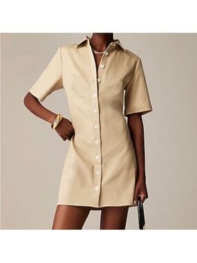 J.Crew Mini Shirt Dress Tan Tailored Twill Button Front Collared Size 8